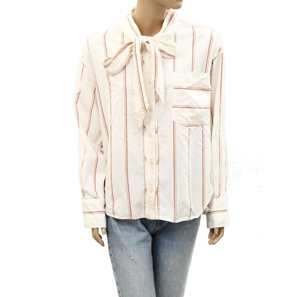 Free People We The Free Tied With a Bow Shirt Top Striped Print Cotton M 287853